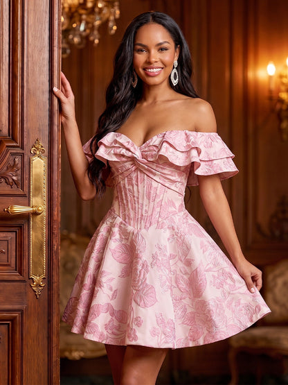 Robe de Fête Coupe Trapèze / Princesse à Épaules Dénudées Sans Manches Court / Mini avec Volants & Fronces