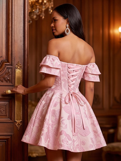 Robe de Fête Coupe Trapèze / Princesse à Épaules Dénudées Sans Manches Court / Mini avec Volants & Fronces
