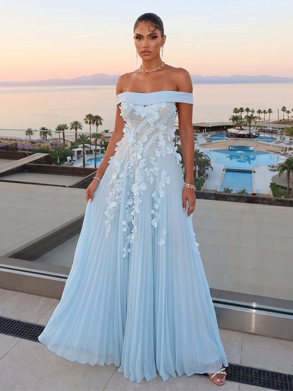 Robe de Soirée Coupe A-Line/Princesse, Épaules Dénudées, Sans Manches, Longueur au Sol avec Fleurs 3D & Plis