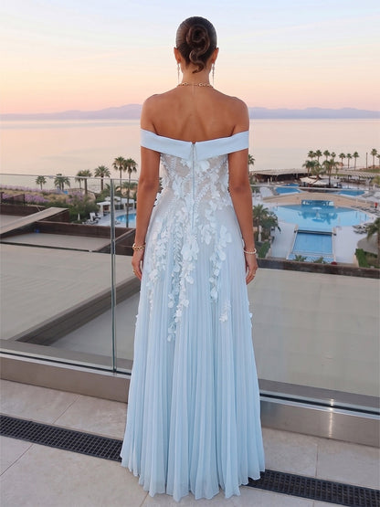 Robe de Soirée Coupe A-Line/Princesse, Épaules Dénudées, Sans Manches, Longueur au Sol avec Fleurs 3D & Plis