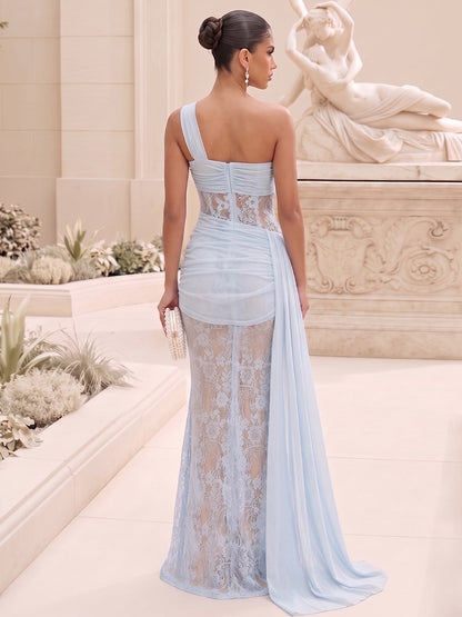 Robe de Soirée Coupe Sirène/Trompette Asymétrique (Une Épaule), Sans Manches avec Ruchés & Dentelle