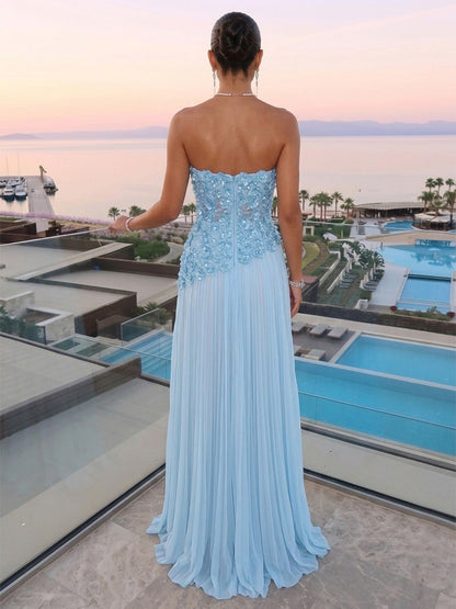 Robe de Soirée Coupe Sirène/Trompette Sans Bretelles, Sans Manches, Longueur au Sol avec Plis & Fente Latérale