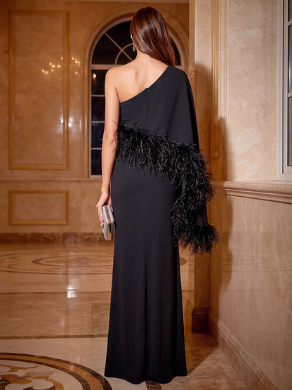 Robe coupe droite/fourreau, asymétrique (une épaule), sans manches Robes de soirée en mousseline longueur cheville avec plumes et fente latérale
