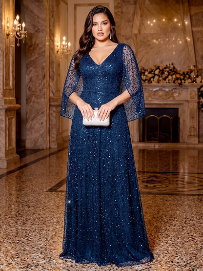 Robe de soirée longue grande taille à sequins, coupe trapèze/princesse, col en V, manches mi-longues