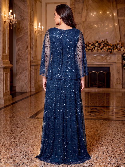 Robe de soirée longue grande taille à sequins, coupe trapèze/princesse, col en V, manches mi-longues