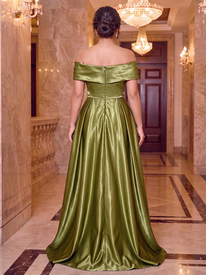 Robes de soirée coupe trapèze/princesse en satin de soie, épaules dénudées sans manches, longueur au sol, grandes tailles, avec drapé froncé