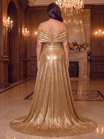 Robe de soirée grande taille coupe trapèze/princesse, épaules dénudées, manches courtes, tissu métallisé, traîne balai et surjupe