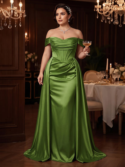 Robes de soirée coupe trapèze/princesse en satin, épaules dénudées sans manches, grandes tailles, avec surjupe et traîne balai