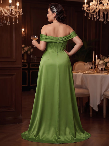 Robes de soirée coupe trapèze/princesse en satin, épaules dénudées sans manches, grandes tailles, avec surjupe et traîne balai