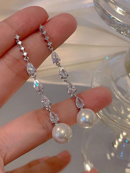 Boucles d'oreilles pendantes luxueuses en zircone et perles pour femmes