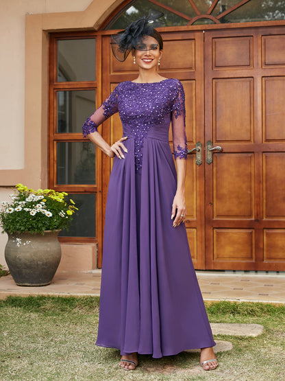 Robe de Soirée Longue Coupe A-Line/Princesse avec Appliques En Dentelle et Demi-Manches