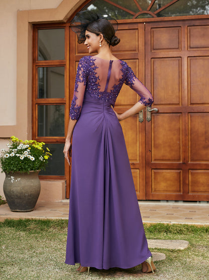 Robe de Soirée Longue Coupe A-Line/Princesse avec Appliques En Dentelle et Demi-Manches