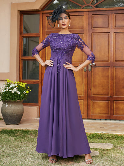 Robe de Soirée Longue Coupe A-Line/Princesse avec Appliques En Dentelle et Demi-Manches