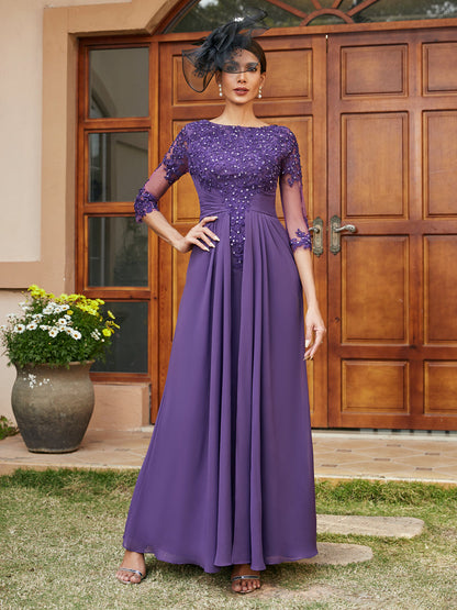 Robe de Soirée Longue Coupe A-Line/Princesse avec Appliques En Dentelle et Demi-Manches