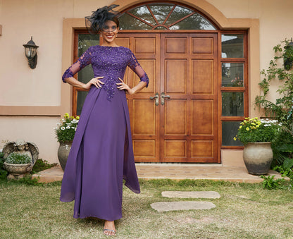 Robe de Soirée Longue Coupe A-Line/Princesse avec Appliques En Dentelle et Demi-Manches