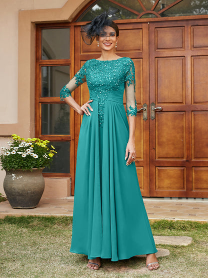 Robe de Soirée Longue Coupe A-Line/Princesse avec Appliques En Dentelle et Demi-Manches