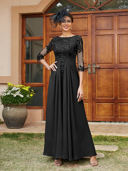 Robe de Soirée Longue Coupe A-Line/Princesse avec Appliques En Dentelle et Demi-Manches