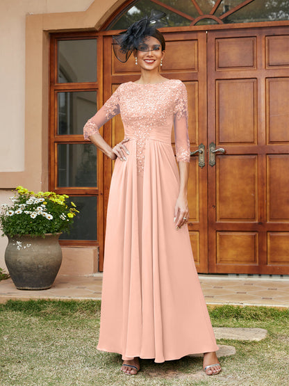 Robe de Soirée Longue Coupe A-Line/Princesse avec Appliques En Dentelle et Demi-Manches