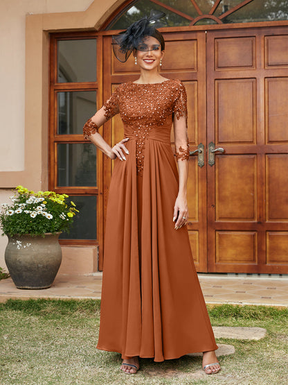 Robe de Soirée Longue Coupe A-Line/Princesse avec Appliques En Dentelle et Demi-Manches