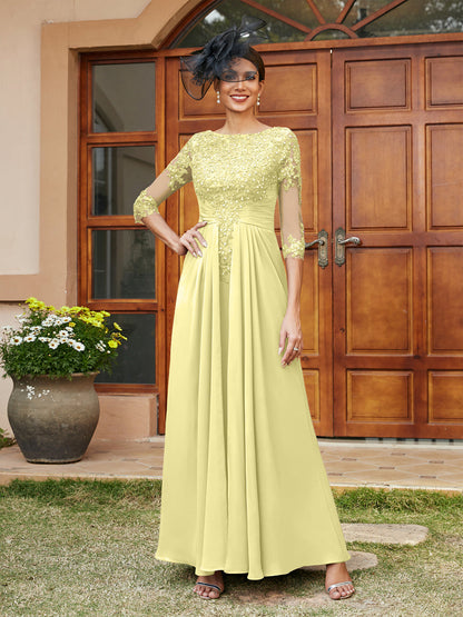 Robe de Soirée Longue Coupe A-Line/Princesse avec Appliques En Dentelle et Demi-Manches