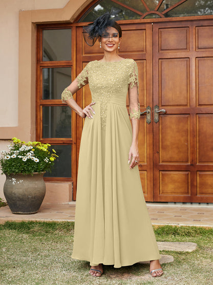 Robe de Soirée Longue Coupe A-Line/Princesse avec Appliques En Dentelle et Demi-Manches