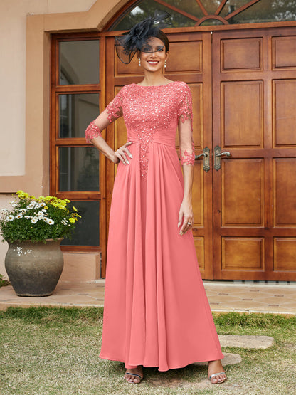 Robe de Soirée Longue Coupe A-Line/Princesse avec Appliques En Dentelle et Demi-Manches