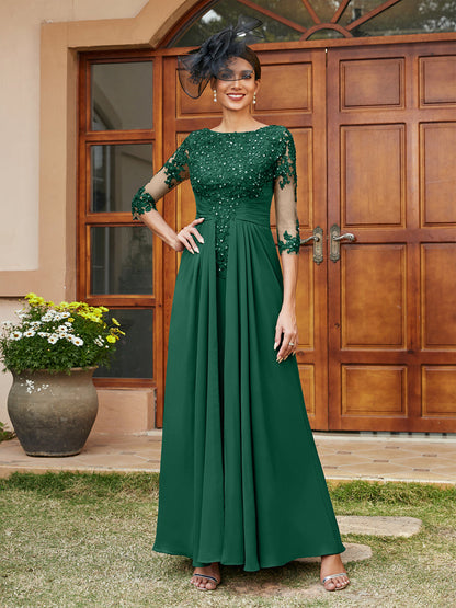 Robe de Soirée Longue Coupe A-Line/Princesse avec Appliques En Dentelle et Demi-Manches