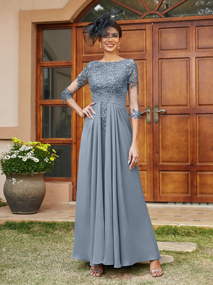 Robe de Soirée Longue Coupe A-Line/Princesse avec Appliques En Dentelle et Demi-Manches