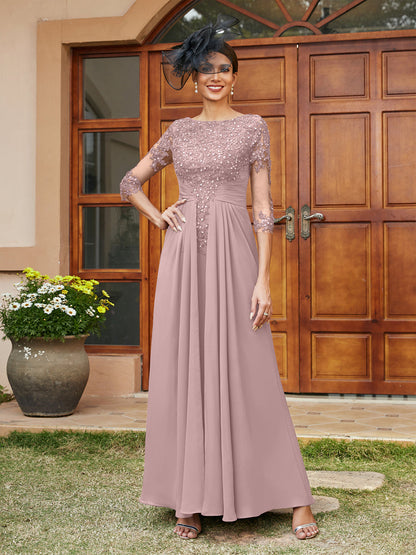 Robe de Soirée Longue Coupe A-Line/Princesse avec Appliques En Dentelle et Demi-Manches