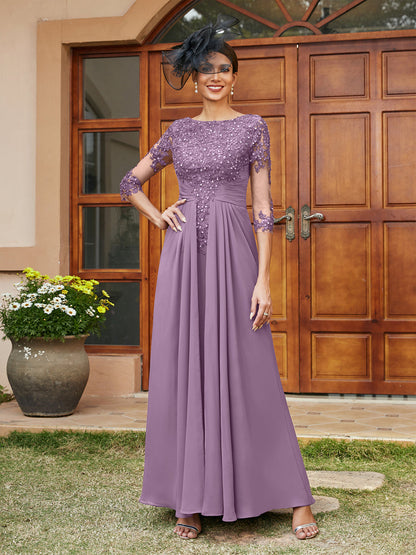 Robe de Soirée Longue Coupe A-Line/Princesse avec Appliques En Dentelle et Demi-Manches