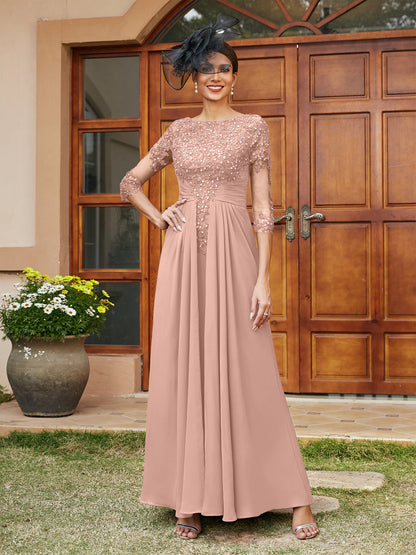 Robe de Soirée Longue Coupe A-Line/Princesse avec Appliques En Dentelle et Demi-Manches