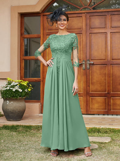 Robe de Soirée Longue Coupe A-Line/Princesse avec Appliques En Dentelle et Demi-Manches