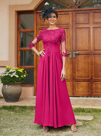 Robe de Soirée Longue Coupe A-Line/Princesse avec Appliques En Dentelle et Demi-Manches