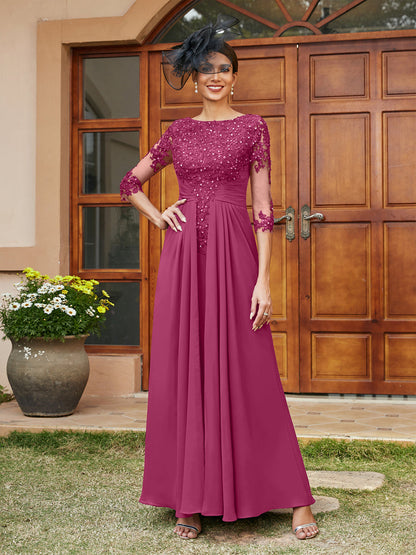 Robe de Soirée Longue Coupe A-Line/Princesse avec Appliques En Dentelle et Demi-Manches