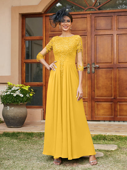 Robe de Soirée Longue Coupe A-Line/Princesse avec Appliques En Dentelle et Demi-Manches