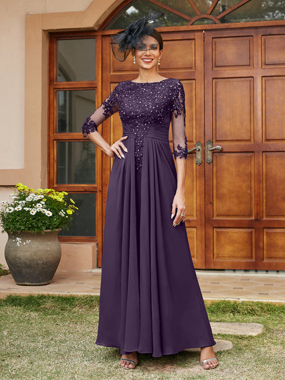 Robe de Soirée Longue Coupe A-Line/Princesse avec Appliques En Dentelle et Demi-Manches
