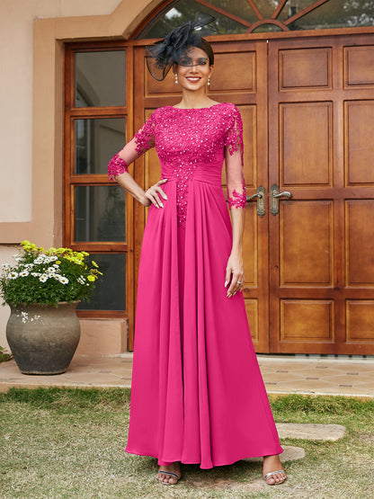 Robe de Soirée Longue Coupe A-Line/Princesse avec Appliques En Dentelle et Demi-Manches