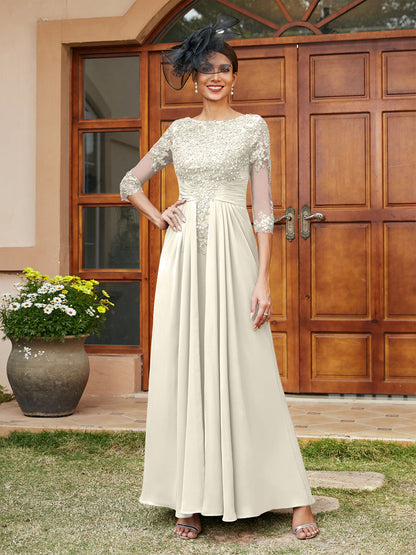Robe de Soirée Longue Coupe A-Line/Princesse avec Appliques En Dentelle et Demi-Manches