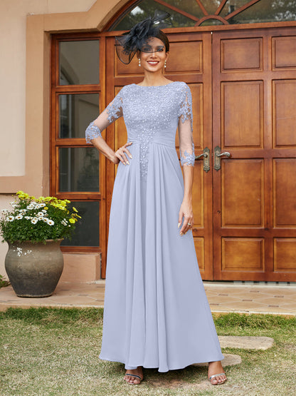 Robe de Soirée Longue Coupe A-Line/Princesse avec Appliques En Dentelle et Demi-Manches