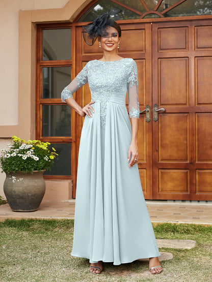Robe de Soirée Longue Coupe A-Line/Princesse avec Appliques En Dentelle et Demi-Manches