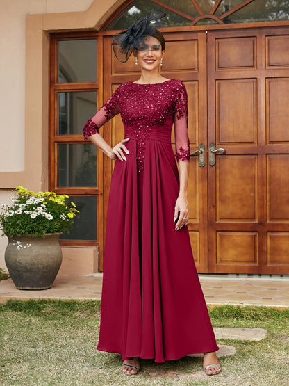 Robe de Soirée Longue Coupe A-Line/Princesse avec Appliques En Dentelle et Demi-Manches