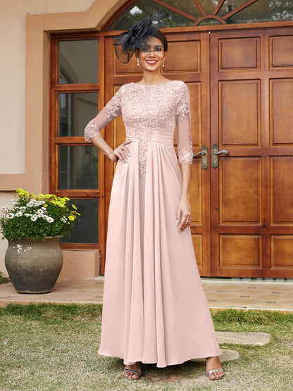 Robe de Soirée Longue Coupe A-Line/Princesse avec Appliques En Dentelle et Demi-Manches