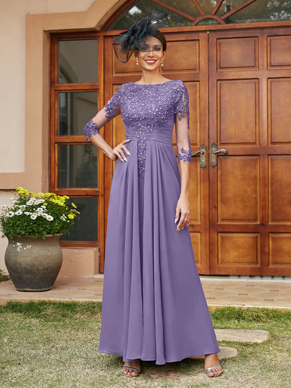 Robe de Soirée Longue Coupe A-Line/Princesse avec Appliques En Dentelle et Demi-Manches