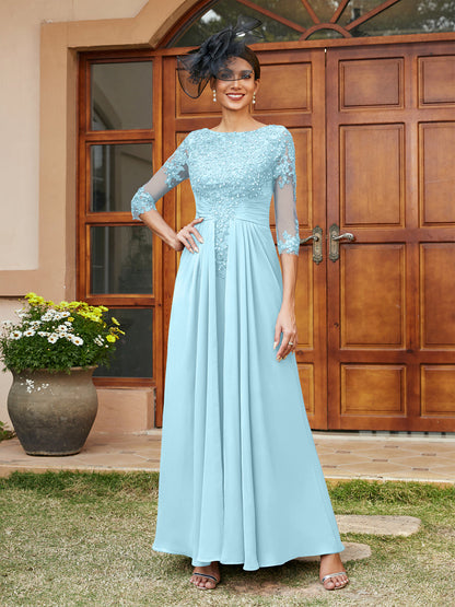 Robe de Soirée Longue Coupe A-Line/Princesse avec Appliques En Dentelle et Demi-Manches