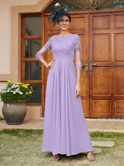 Robe de Soirée Longue Coupe A-Line/Princesse avec Appliques En Dentelle et Demi-Manches