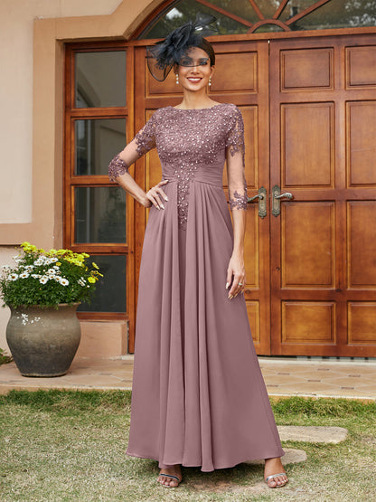Robe de Soirée Longue Coupe A-Line/Princesse avec Appliques En Dentelle et Demi-Manches