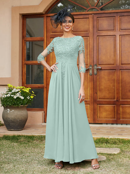 Robe de Soirée Longue Coupe A-Line/Princesse avec Appliques En Dentelle et Demi-Manches
