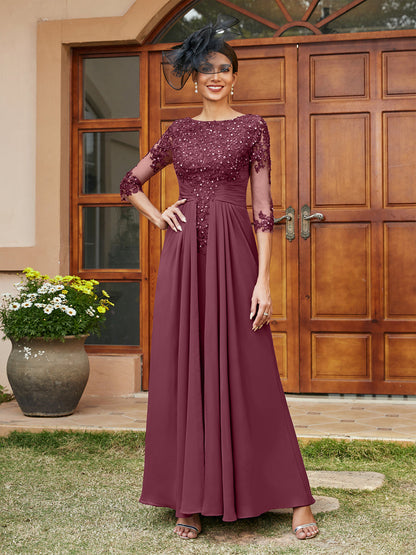 Robe de Soirée Longue Coupe A-Line/Princesse avec Appliques En Dentelle et Demi-Manches