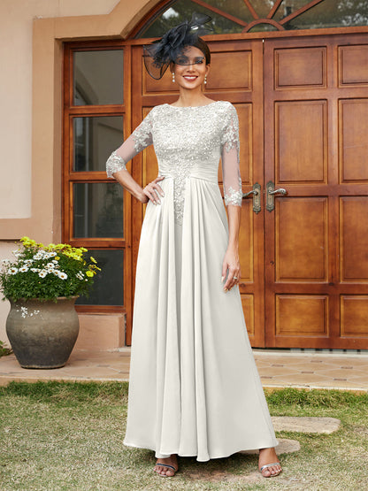 Robe de Soirée Longue Coupe A-Line/Princesse avec Appliques En Dentelle et Demi-Manches