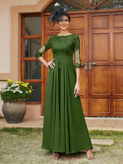 Robe de Soirée Longue Coupe A-Line/Princesse avec Appliques En Dentelle et Demi-Manches